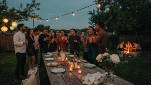 A festive new years eve backyard party glows under string lights with laughing friends.