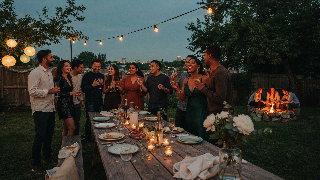 A festive new years eve backyard party glows under string lights with laughing friends.
