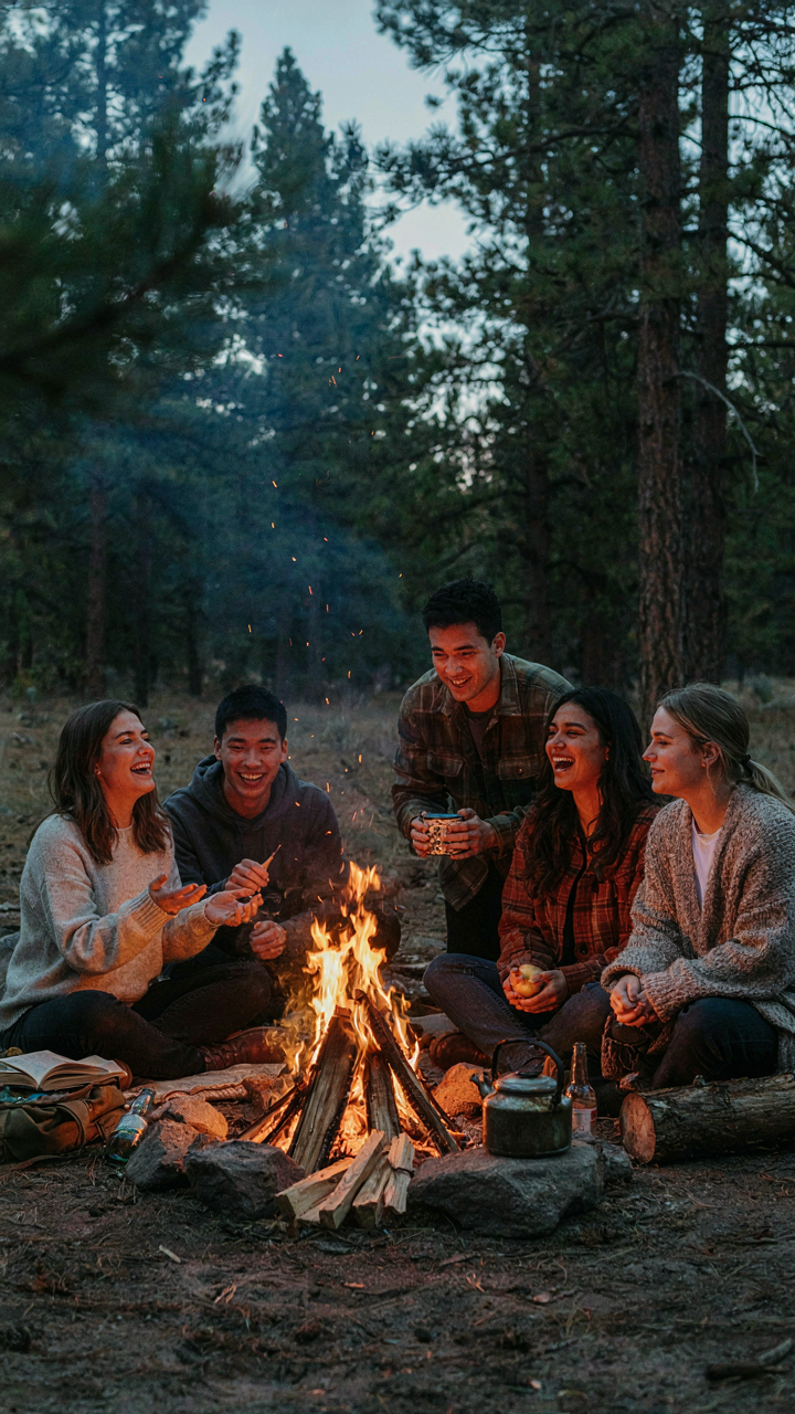 Friends gather around a bonfire, laughing and sharing stories freely.