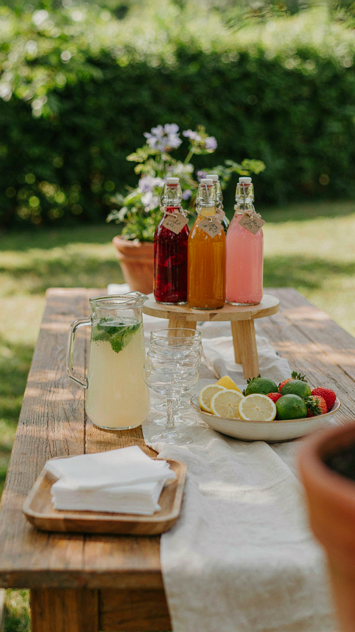 An organized outdoor drink station allows guests to easily get their own beverages.