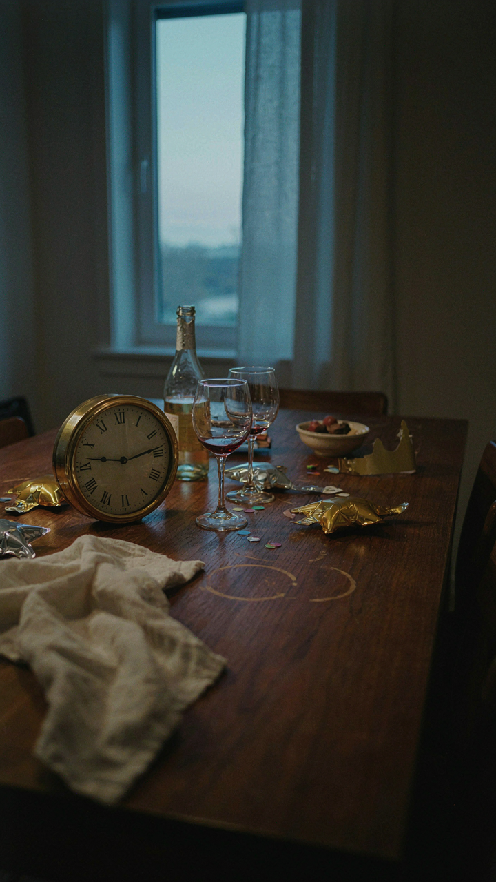 A clock shows past midnight with a few party items remaining on a table.