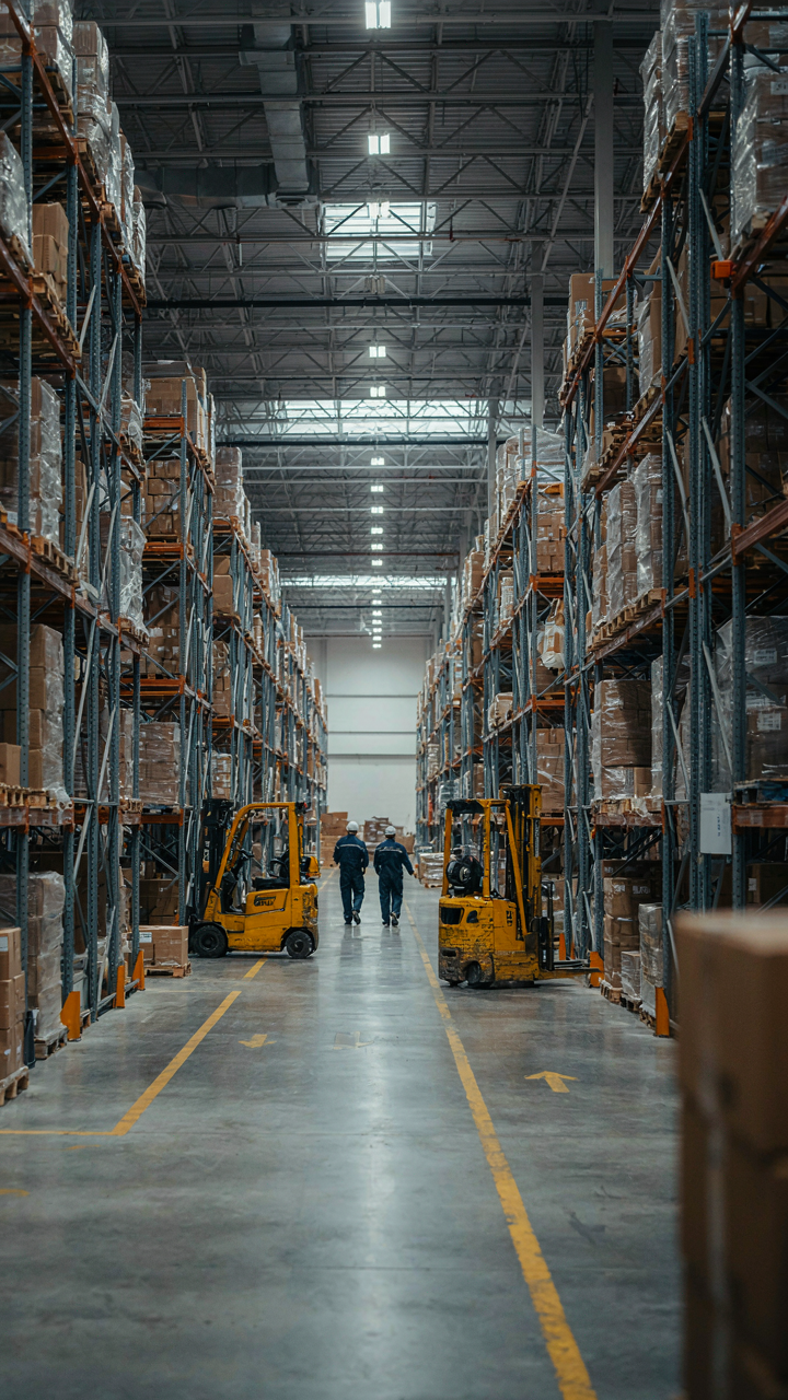 A commercial warehouse has goods organized into distinct containment zones.