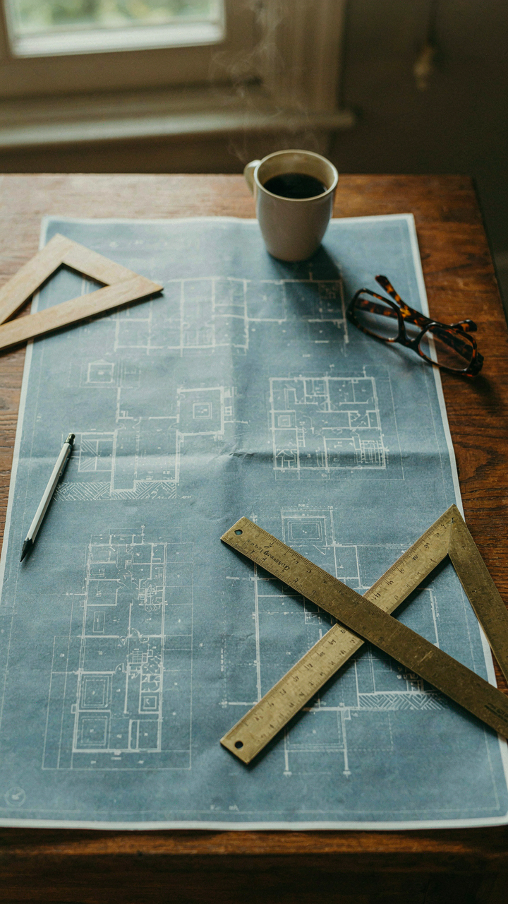An architect's blueprint for a complex building structure with labeled components.