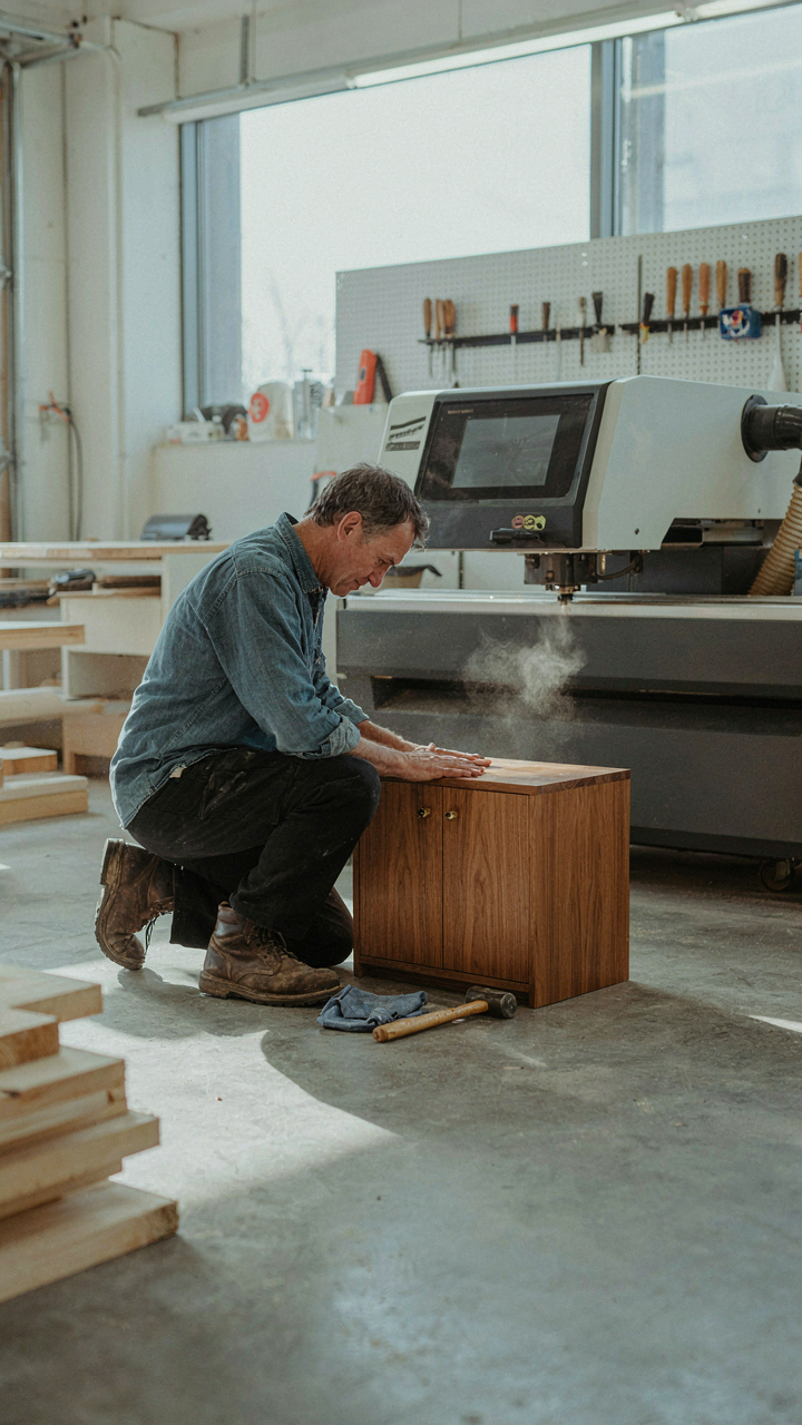 A person hand-polishes a cabinet, while a large woodworking machine sits idle.