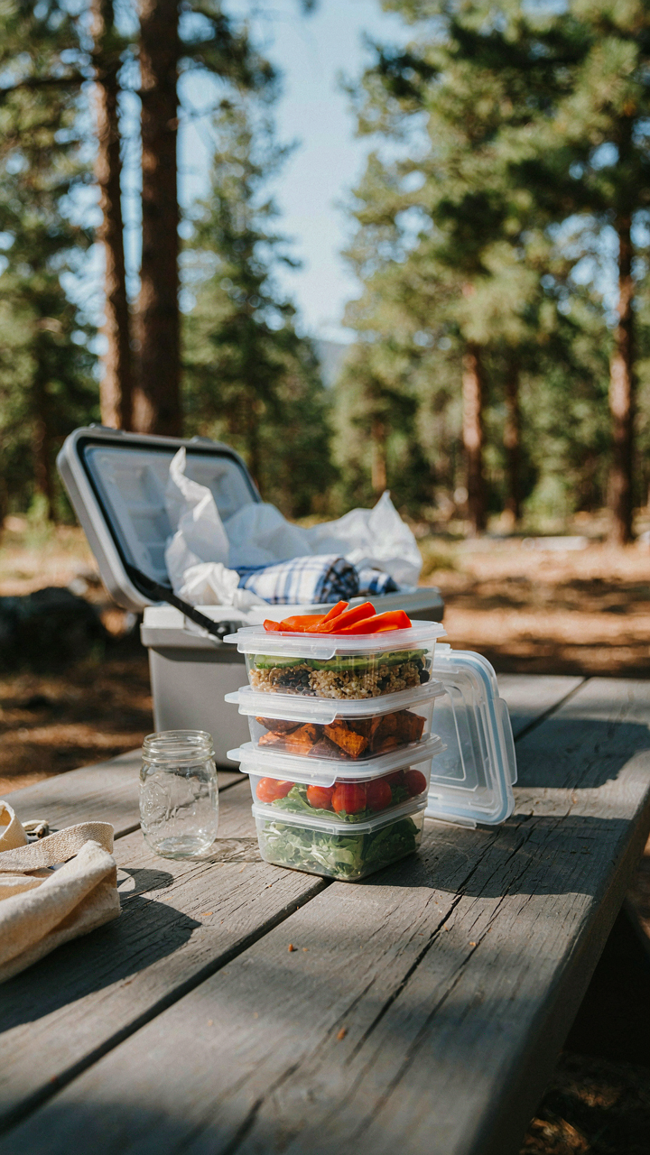 Pre-prepped food in reusable containers is stacked for a camping trip.