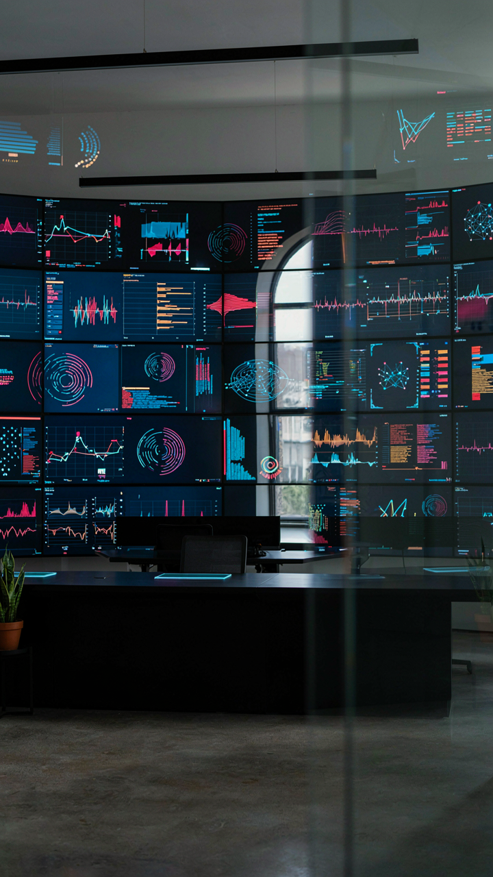 A control room has multiple screens showing data and feedback loops.