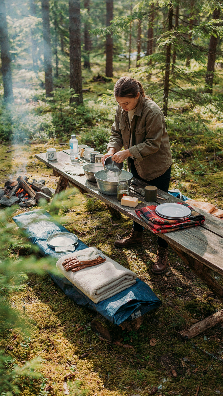 A person efficiently washes dishes at a camping dishwashing station with minimal movement.