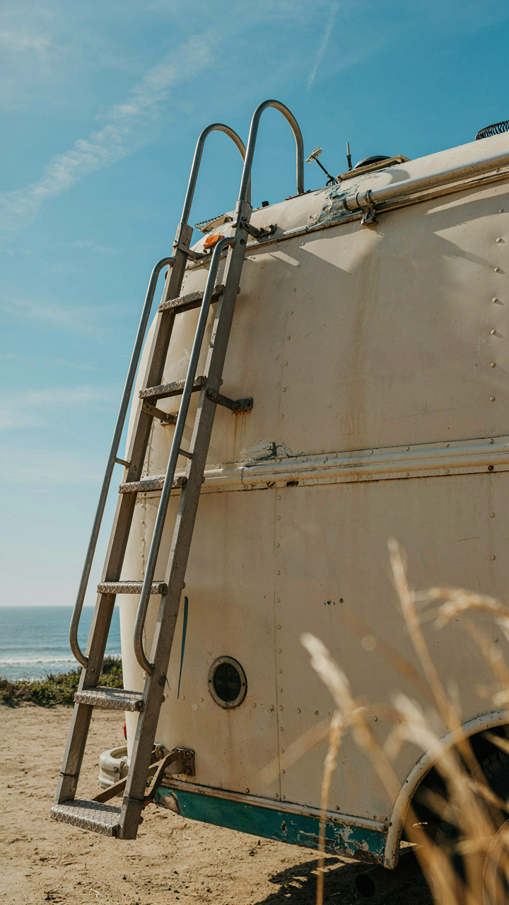 A strong marine ladder goes from the skoolie's side to its roof.
