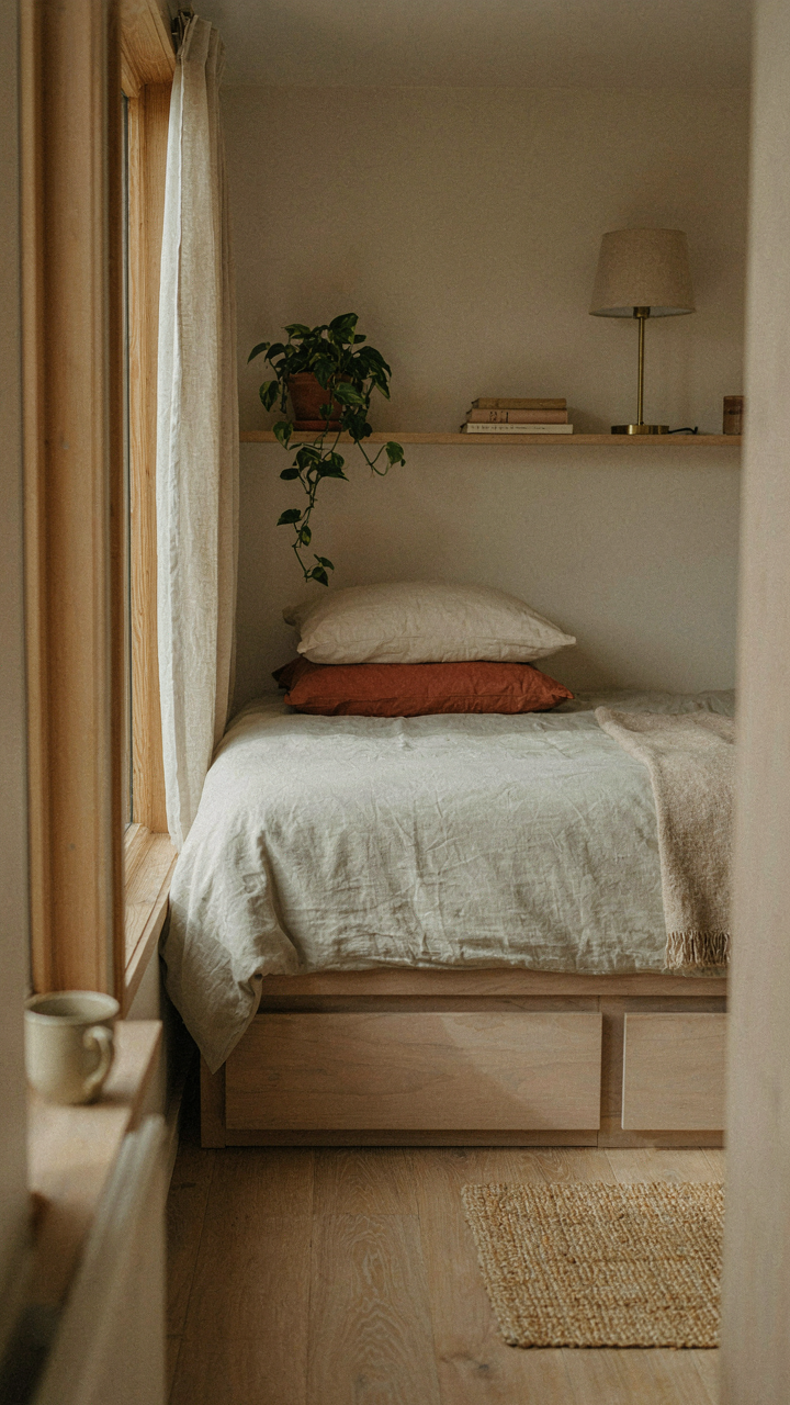 An efficient and compact camper bed that integrates storage space.
