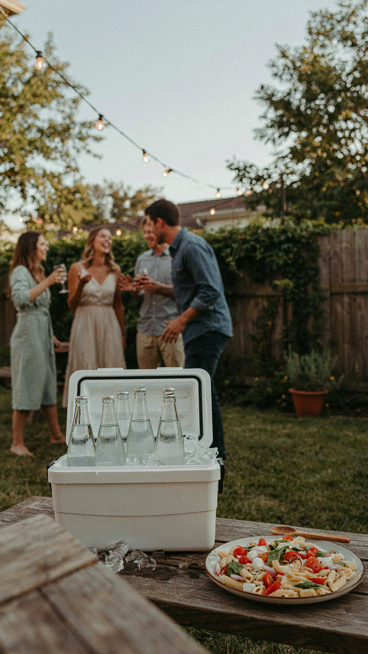 A cooler holds cold drinks, next to a cold pasta salad at a party.