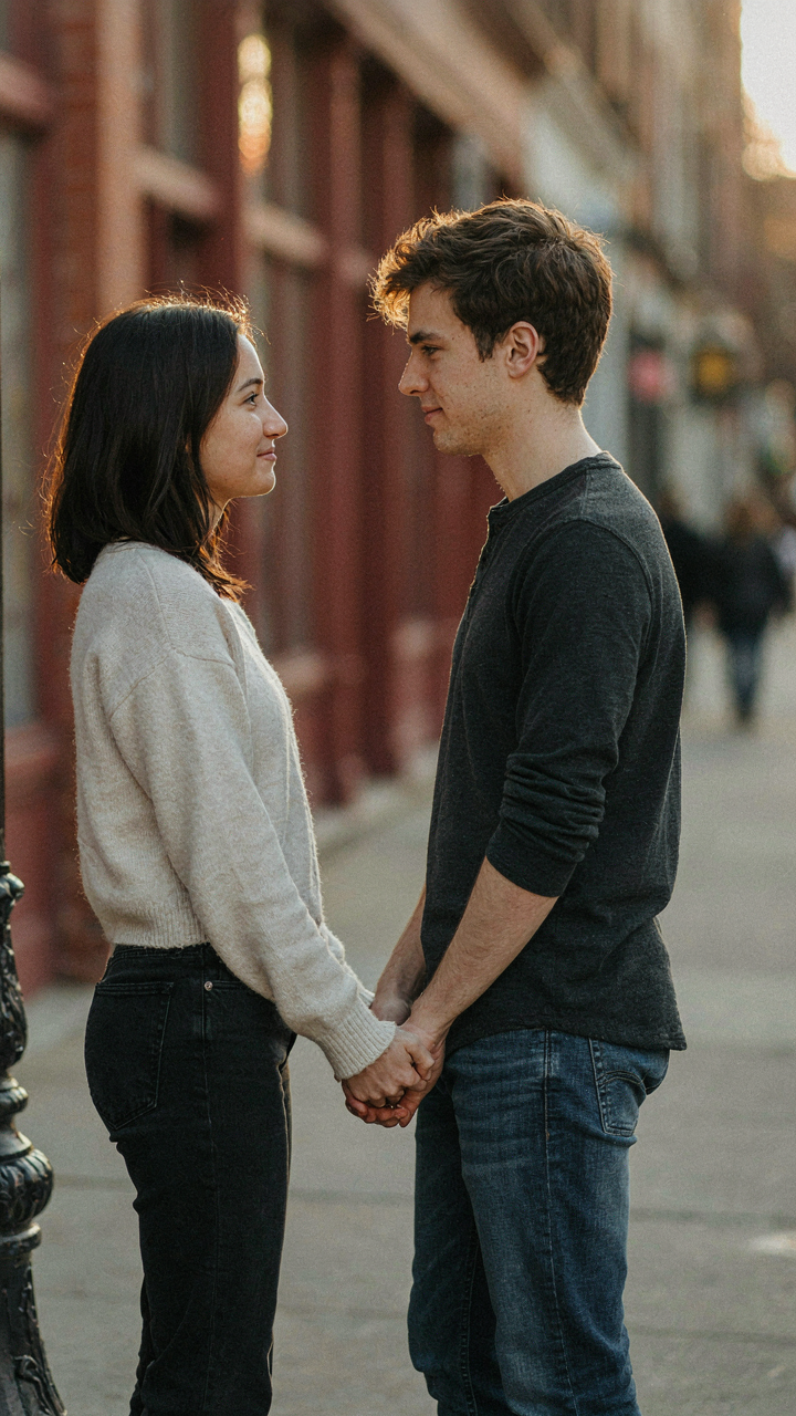 Two people hold hands and look at each other, fully present during a sunset picnic.