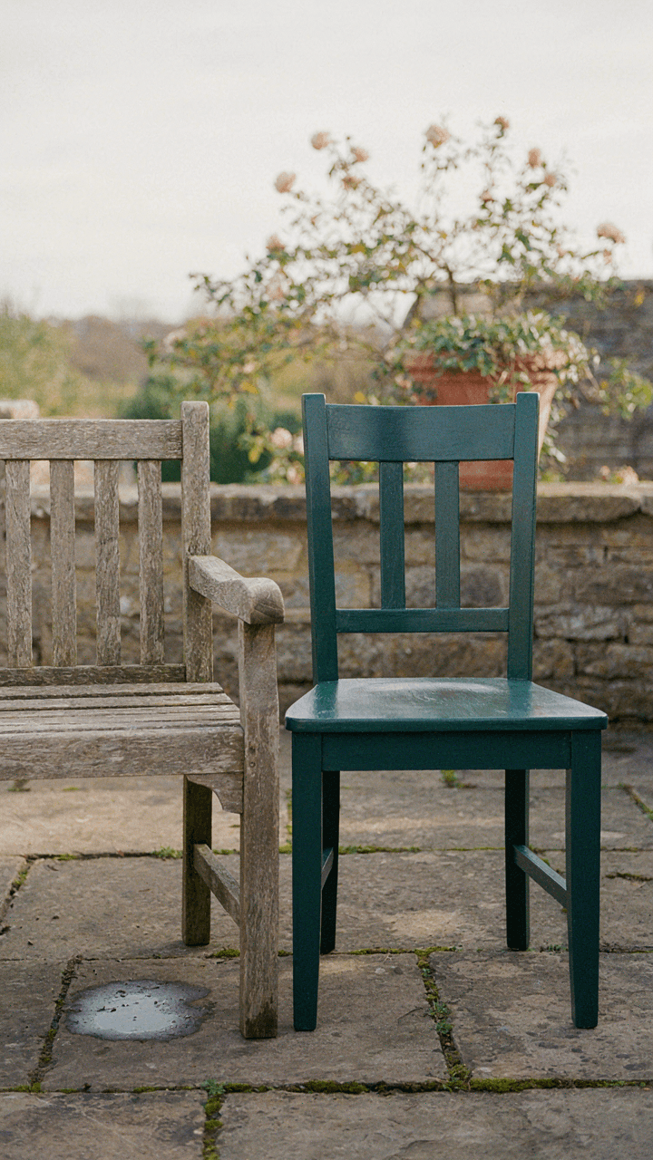 A weathered outdoor chair next to a newly painted, sealed chair.