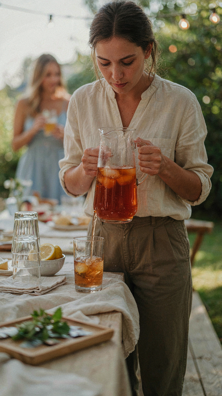 A guest confidently pours iced tea at a well-organized bar.