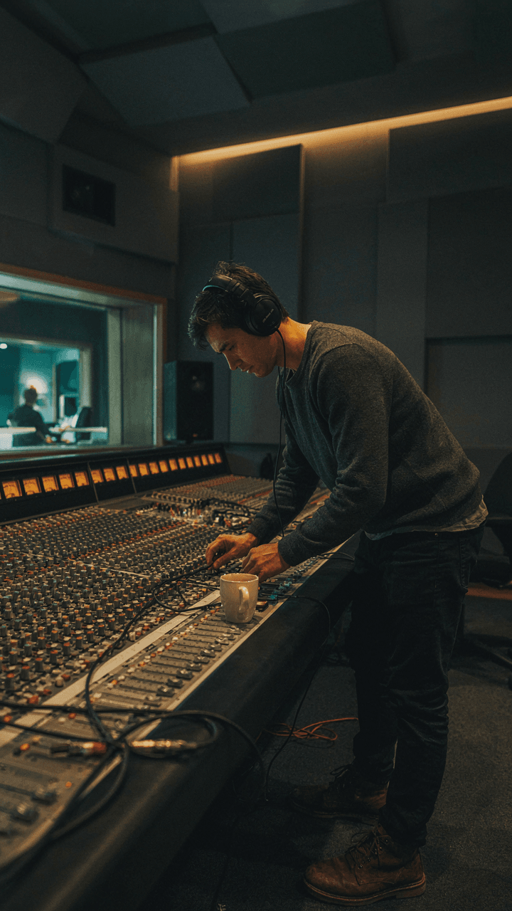 A sound engineer in a studio, wearing headphones and adjusting a mixing board.