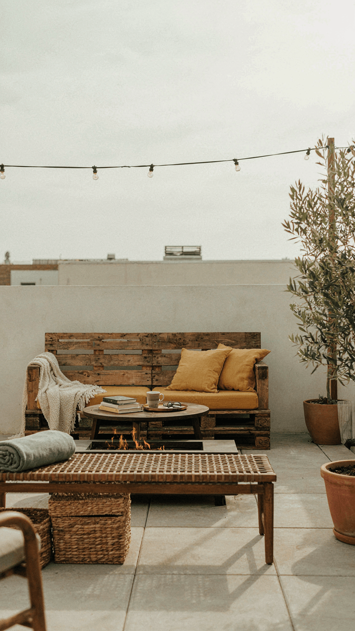 A well-organized diy outdoor lounge area with seating and a table.