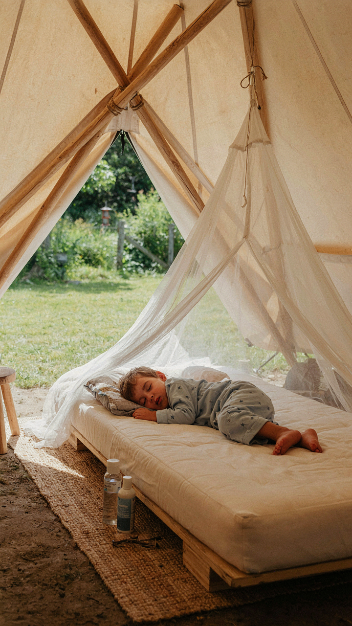 A child sleeps on an air mattress with mosquito netting inside a backyard teepee tent.