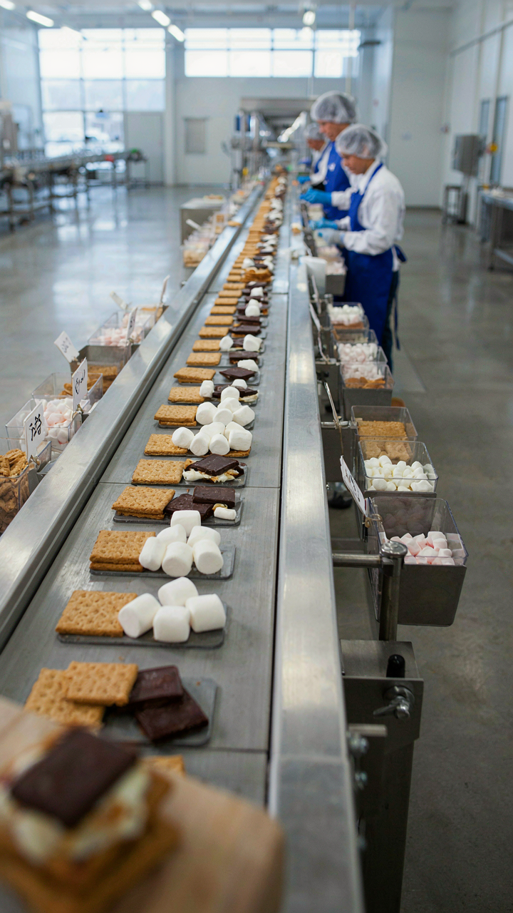An assembly line shows s'mores ingredients moving efficiently.
