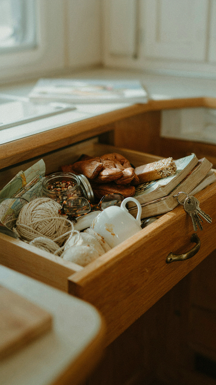 An overstuffed RV drawer with many different items overflowing.
