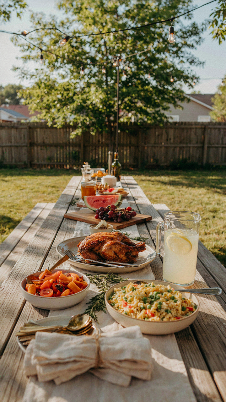 A buffet table with labeled food lets guests serve themselves.