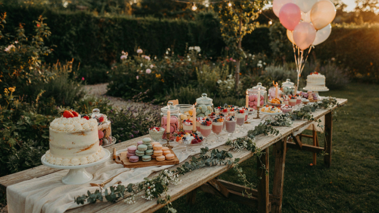 An outdoor birthday treat bar with colorful desserts and balloons in a garden.