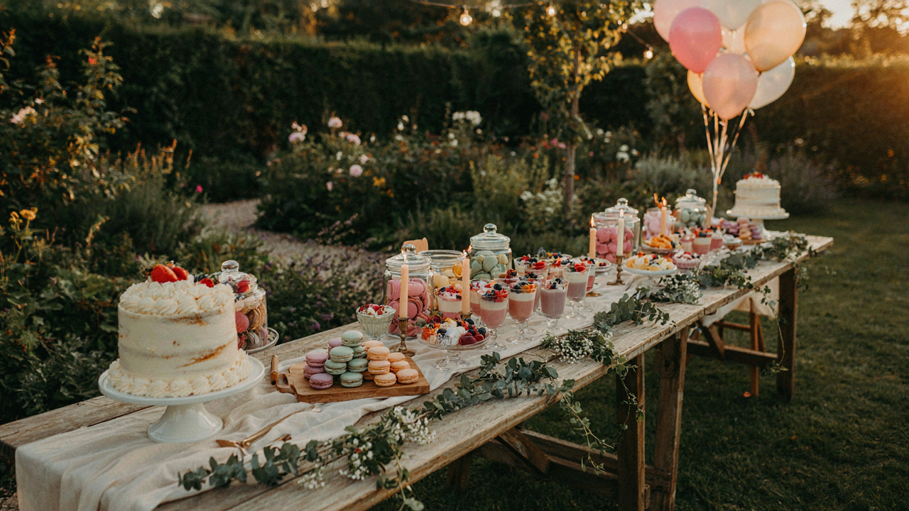 An outdoor birthday treat bar with colorful desserts and balloons in a garden.