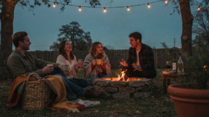 An outdoor evening party with string lights and an outdoor blanket basket next to a fire pit.