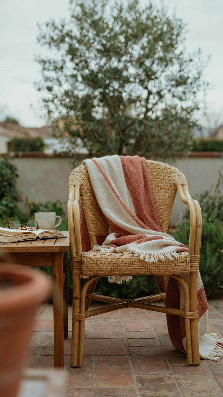 An outdoor blanket draped over a patio chair with a book and mug.