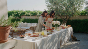 An outdoor buffet table setup with many delicious dishes and guests moving along a line.