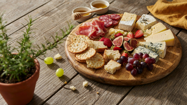 A colorful outdoor charcuterie board, partially melted, sits on a rustic wooden table.