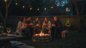 People gather in a cozy outdoor Christmas party, enjoying warm drinks by a fire.