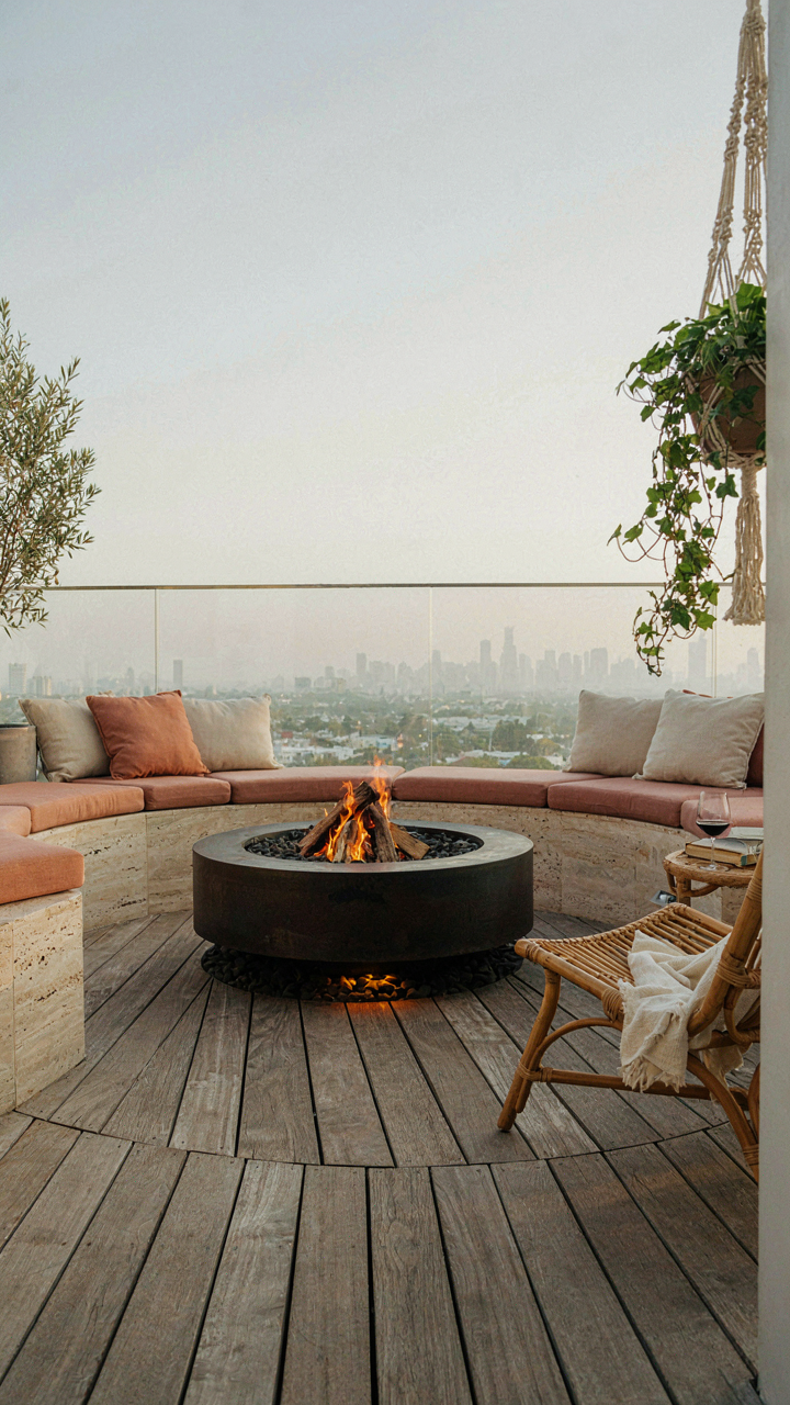 A corner patio centered around a large, inviting fire pit.