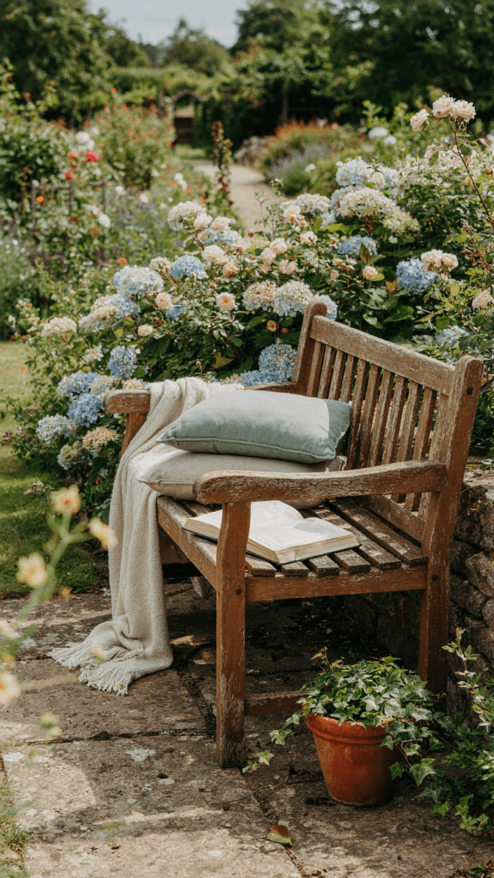 A simple garden bench corner with cushions and an open book invites relaxation.