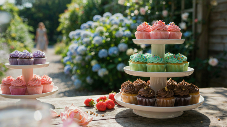 An elegant outdoor cupcake display with colorful cupcakes on tiered stands at a garden party.