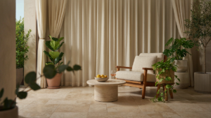 A beautiful patio with cream outdoor curtains for patio creating a private space.