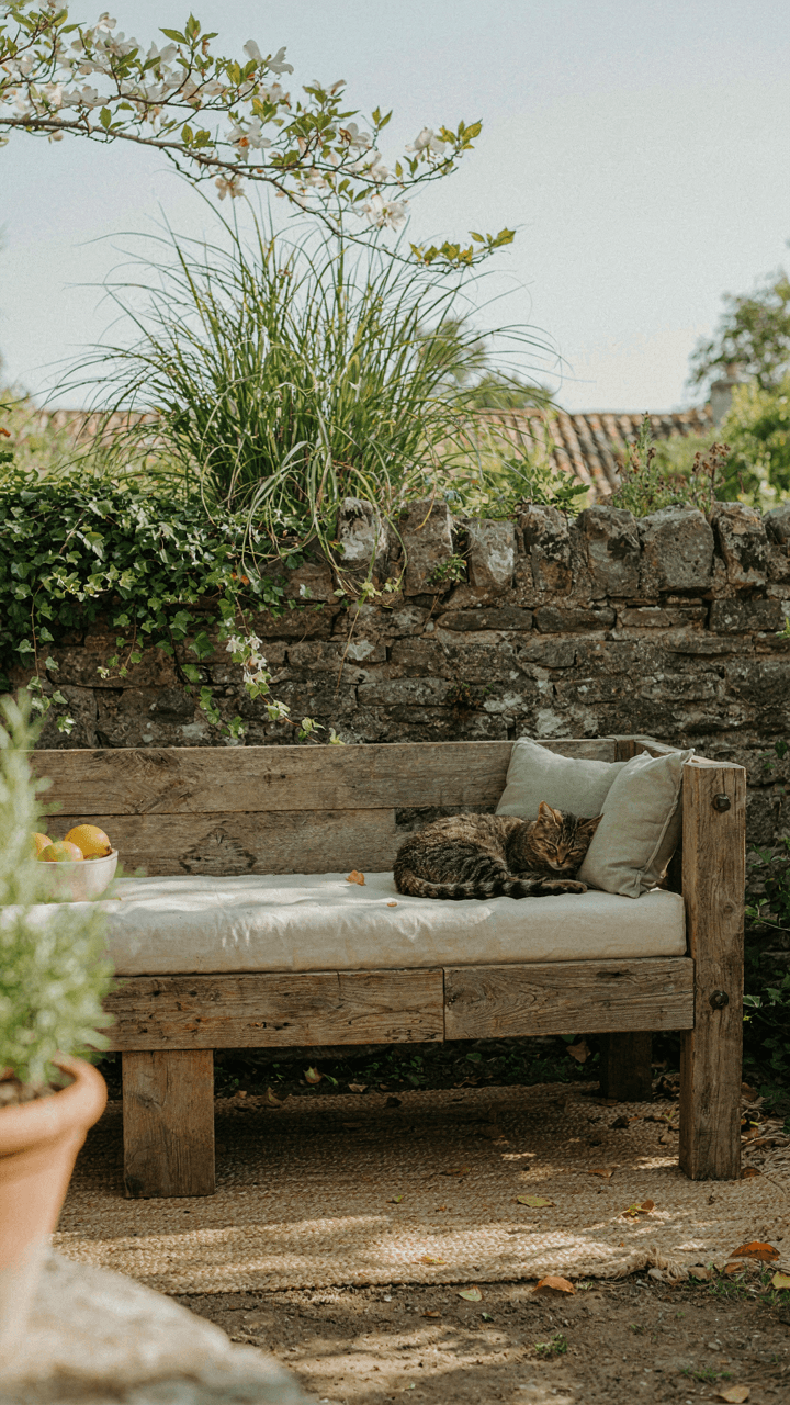 A unique, handmade outdoor daybed sits in a garden.