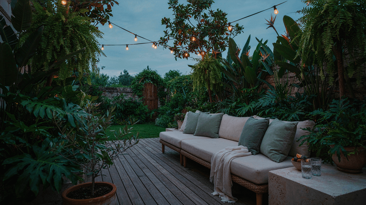 A beautiful outdoor daybed with many pillows sits in a cozy backyard.