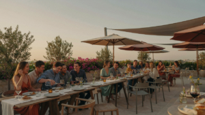 People enjoy dinner on a beautiful outdoor dining patio with various shade options.