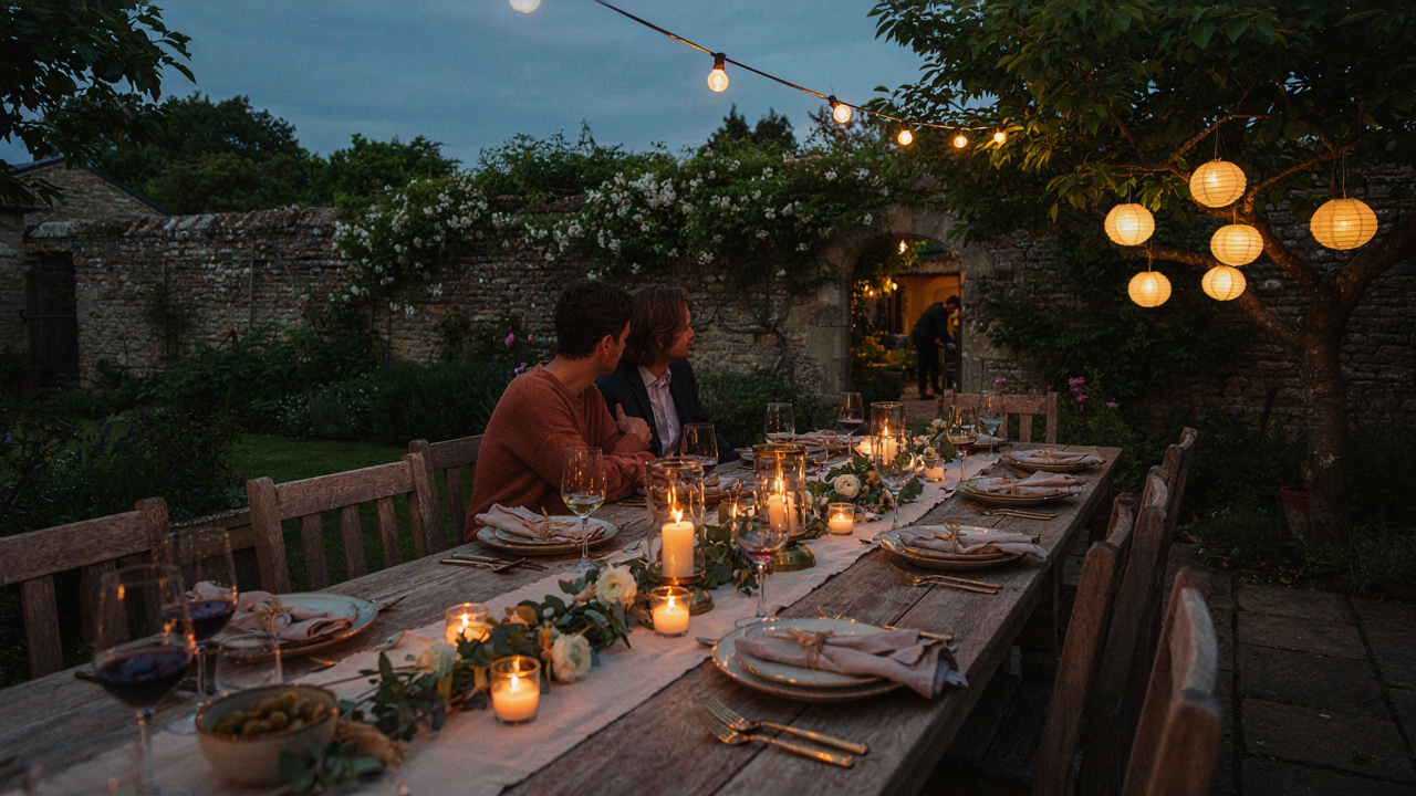 An inviting outdoor dinner setting with various lighting elements creating a warm glow.