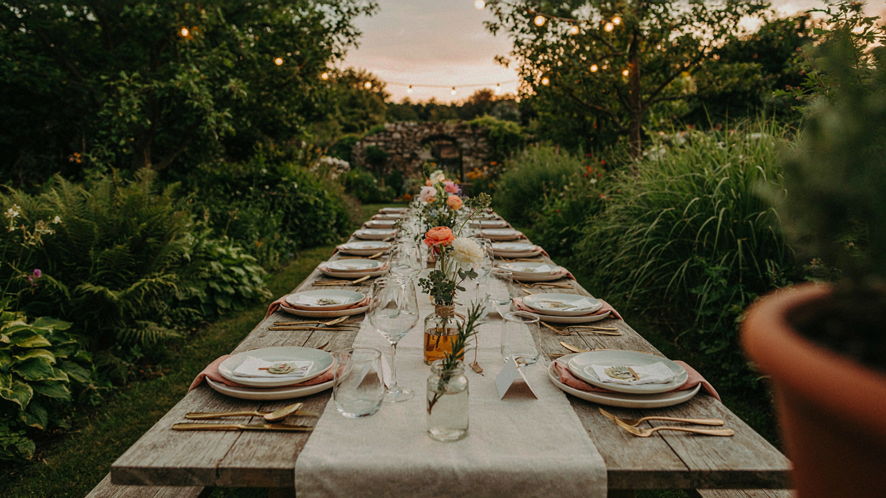 A long outdoor dining table with many different styled place cards and string lights.