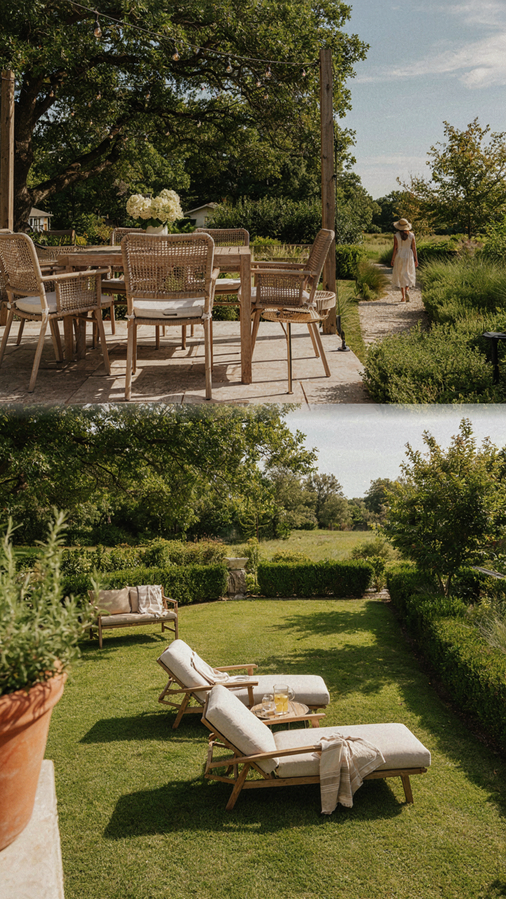 A series of outdoor seating areas from shade to sun in a backyard.