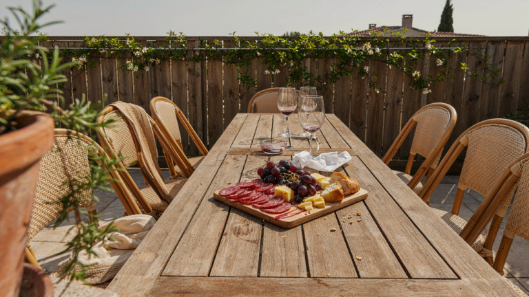 A slightly messy outdoor dining table after a party, showing common outdoor entertaining mistakes.