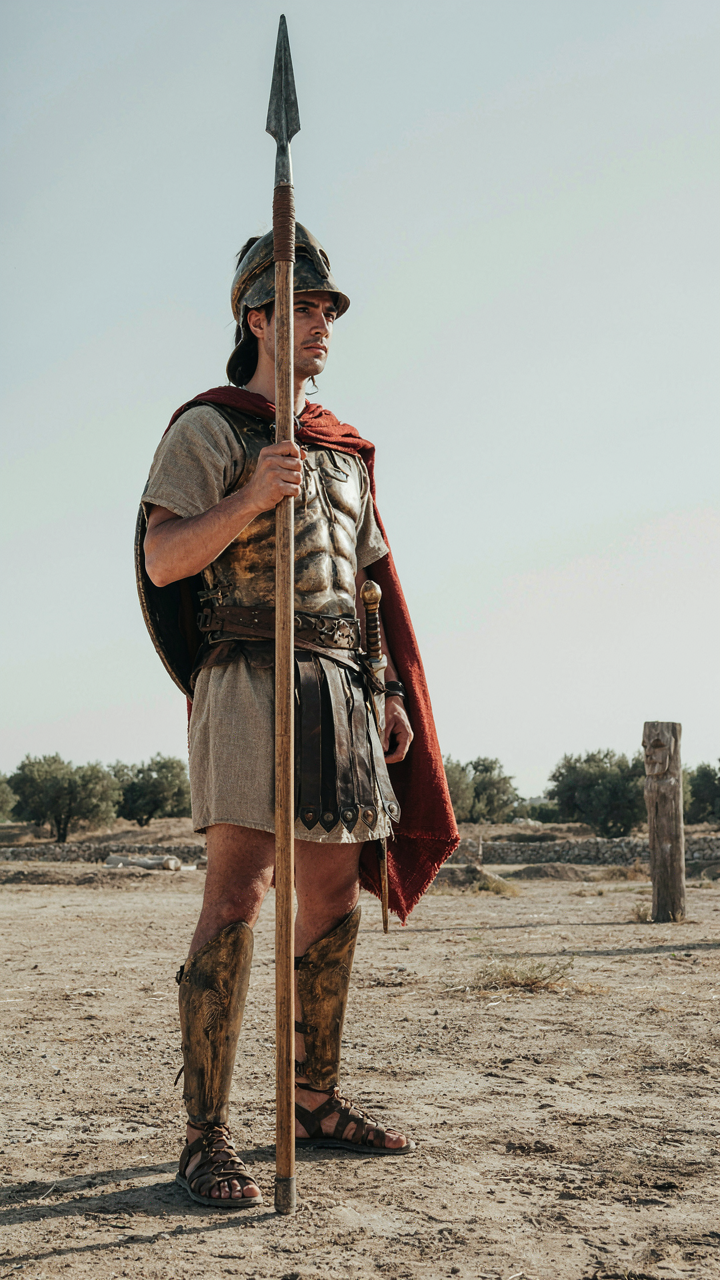 A Spartan warrior holds a spear in an open training ground.
