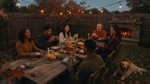 Friends laughing and eating together around a rustic table in a fall backyard at dusk.