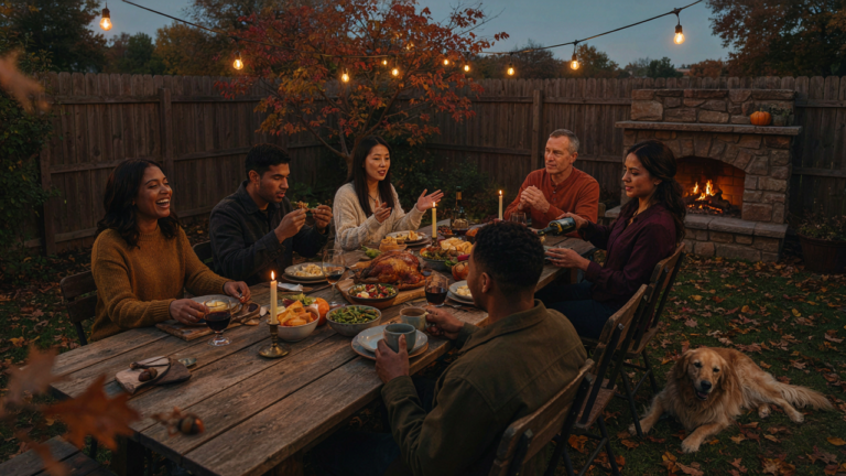 Friends laughing and eating together around a rustic table in a fall backyard at dusk.