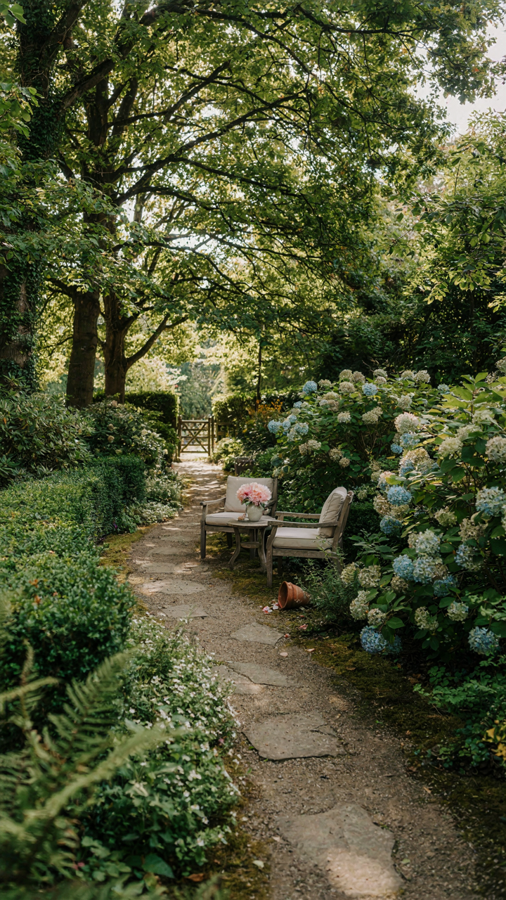 A beautiful garden path framed by trees leading to a cozy seating area.