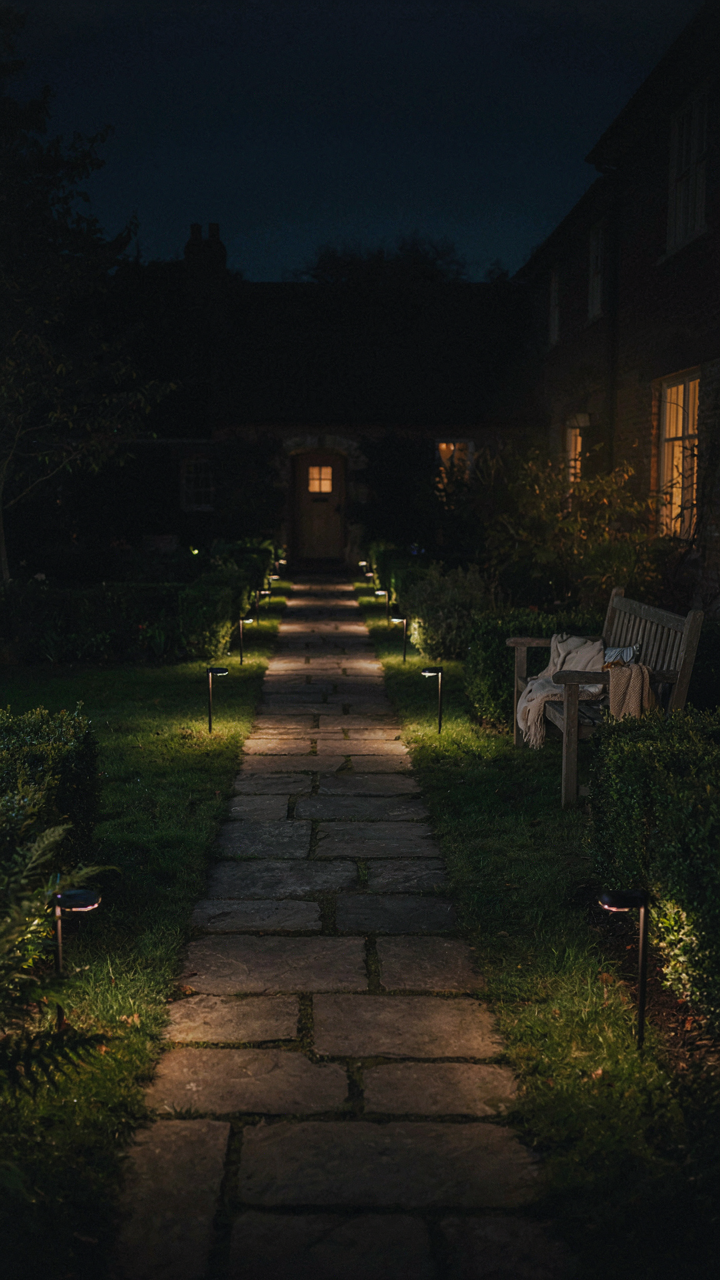 A backyard path is lit by functional, understated outdoor lanterns at night.