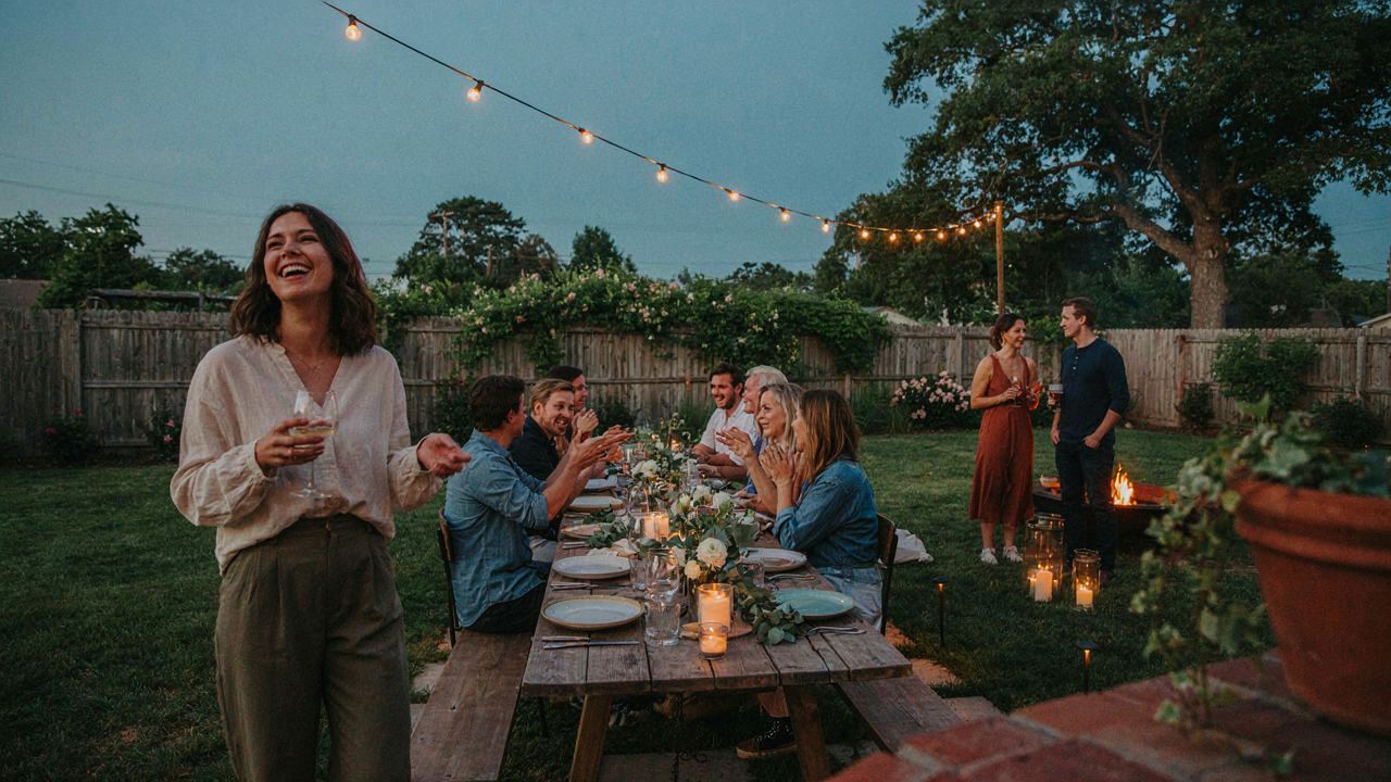 A lively outdoor party at dusk, with various outdoor lantern decor lighting up the space.