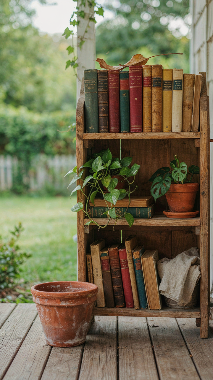 A small outdoor bookshelf filled with books and plants on a porch.