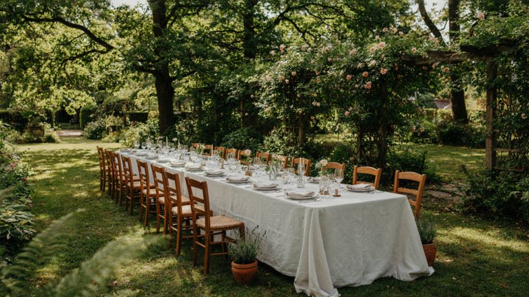 A long outdoor dining table with many chairs in a sunny garden.