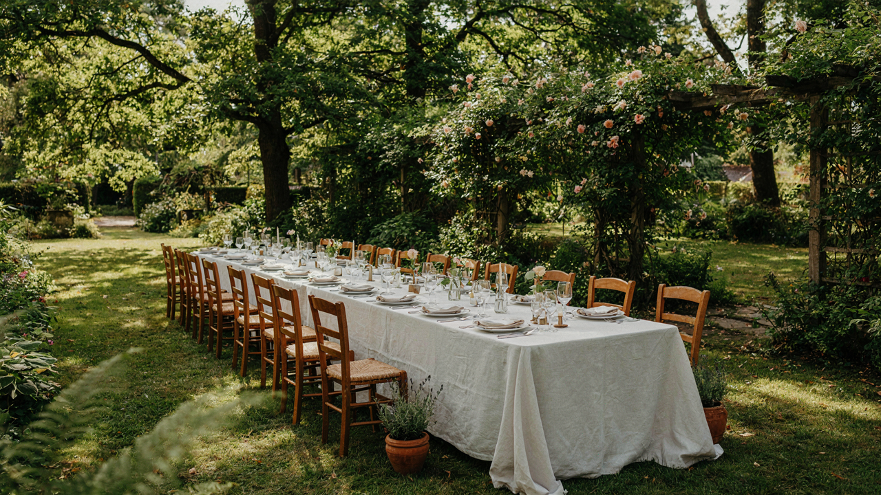 A long outdoor dining table with many chairs in a sunny garden.